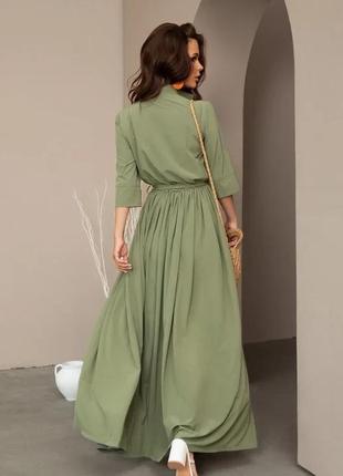 Длинное платье цвета хаки с разрезом, софт, повседневный3 фото