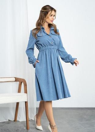 Синє вельветове плаття-сорочка з довгими рукавами, синій, s2 фото