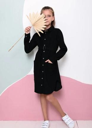 Черное вельветовое платье-рубашка с поясом, вельвет, 122