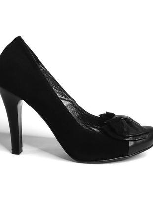 Замшеві чорні жіночі туфлі на середньому каблуці з бантом (замша)1 фото