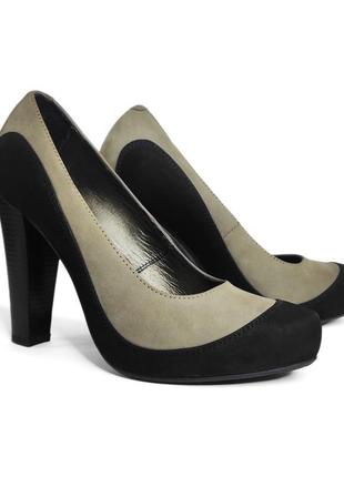 Ожаные чорно-сірі жіночі туфлі на середньому-високому каблуці2 фото