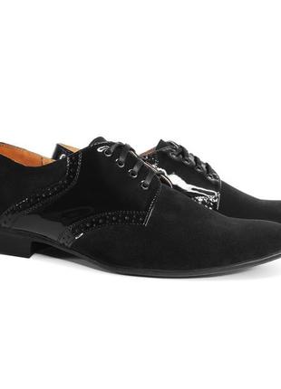 Класичні чоловічі чорні туфлі на шнурівці, (замша та шкіра).2 фото