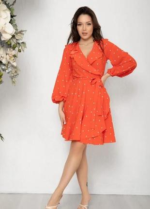 Оранжевое в горох платье на запах с воланами, стиль: повседневный, материал: софт, размер: l