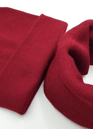 Червона тепла шапка з хомутом,бордо,снуд,шарф,баф,демісезонна,в'язана стильна1 фото