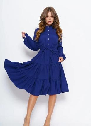 Синее расклешенное платье с воланами, софт, повседневный1 фото