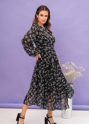 Черное миди платье с мелким цветочным принтом, шифон/полиэстер, повседневный2 фото