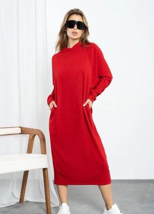 Красное платье кокон с капюшоном, ангора, повседневный