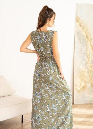 Довге квіткове плаття кольору хакі з розрізом, хакі, 3xl3 фото