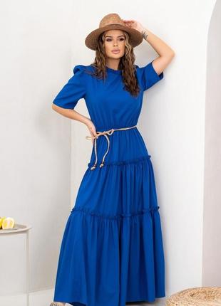 Синее длинное платье с рюшами, софт, повседневный