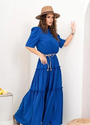 Синее длинное платье с рюшами, софт, повседневный2 фото