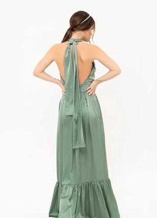 Оливковое шелковое длинное платье с открытой спиной, шелк, повседневный4 фото