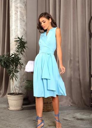 Голубое платье без рукавов с кроем на запах, стиль: повседневный, материал: софт, размер: xl