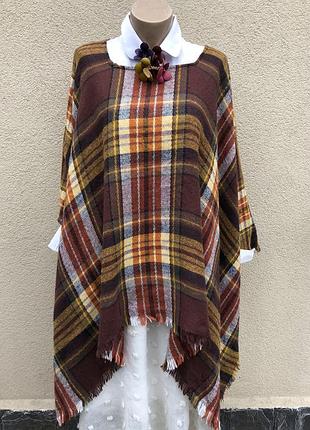 Пончо в клетку,накидка реглан с бахромой,этно бохо стиль,оверсайз,