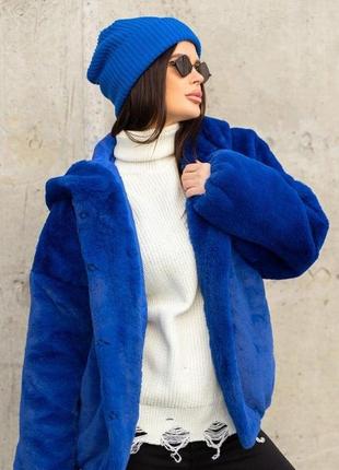 Синяя куртка из искусственного меха с капюшоном, эко-мех, повседневный
