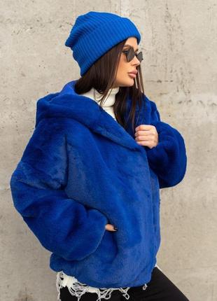 Синяя куртка из искусственного меха с капюшоном, эко-мех, повседневный2 фото