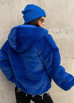 Синяя куртка из искусственного меха с капюшоном, эко-мех, повседневный3 фото