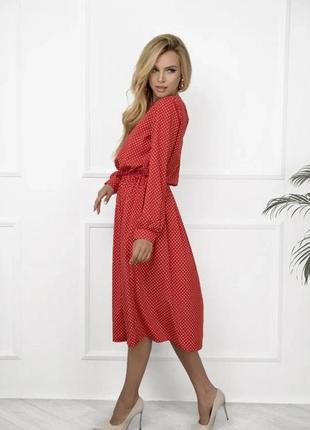 Красное в горошек платье с длинными рукавами, софт, деловой2 фото