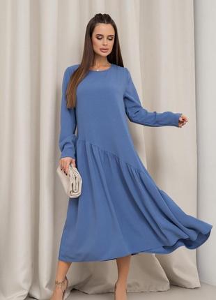 Голубое платье с асимметричным воланом, креп, повседневный