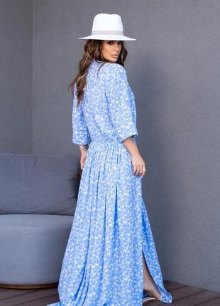 Блакитне бавовняне плаття з розрізом спереду, блакитний, s3 фото