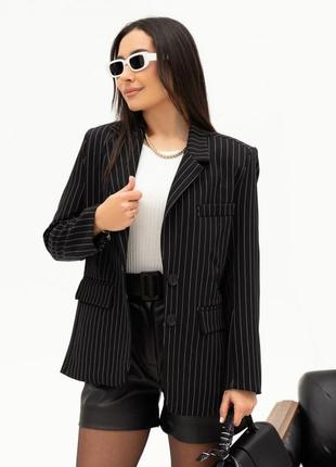 Черный классический пиджак в полоску, костюмка, повседневный