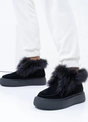 Черные замшевые ботинки с меховыми манжетами, стиль: повседневный, материал: замша/мех, размер: 37