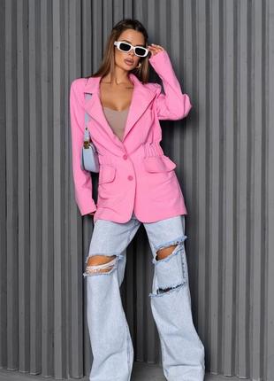 Розовый приталенный пиджак с карманами, костюмка, повседневный