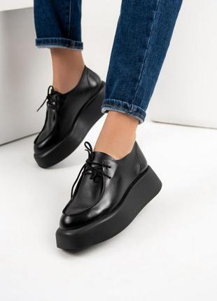 Чорні шкіряні туфлі на високій підошві, чорний, 37