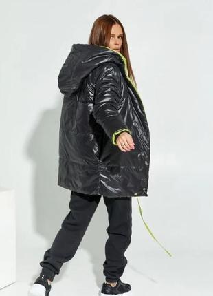 Черно-салатовая двусторонняя куртка с капюшоном, плащевка на синтепоне, xxl