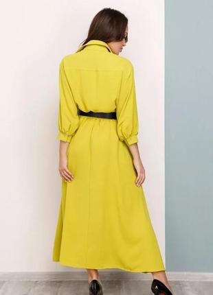 Оливковое длинное платье-рубашка на пуговицах, креп, повседневный3 фото