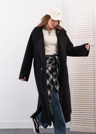 Черное удлиненное пальто с разрезами, трикотаж-вязка, повседневный