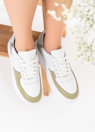 Білі шкіряні кросівки із зеленими вставками, білий, 384 фото