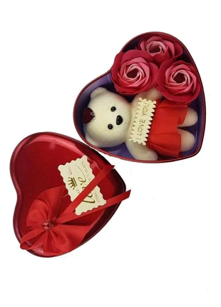 Подарунковий набір з мильною квіткою з 3 трояндами 1 ведмедик чер4 фото