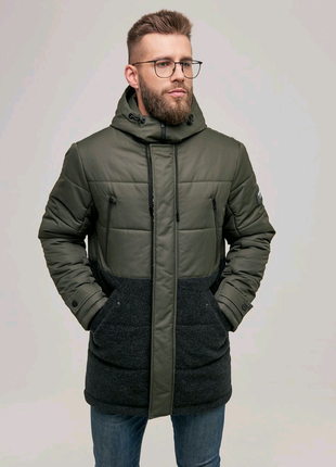 Комбінована подовжена зимова чоловіча куртка хакі
