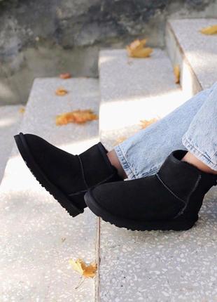 Женские черные угги ugg mini classic  black suede