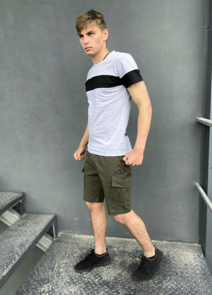 Комплект шорти хакі miami футболка 'color stripe' світло - сіра з2 фото