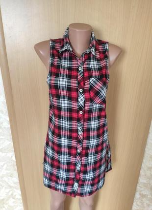 Красная удлиненная рубашка туника платье  в клетку без рукавов 100 % хлопок