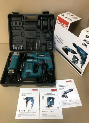 Комплект makita 3 в 1 дрель, лобзик, болгарка / макита