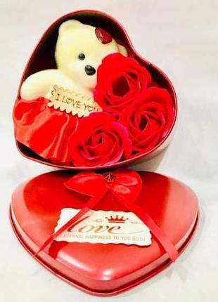 Подарунковий набір із мильною квіткою з 3 трояндами 1 ведмедик че3 фото