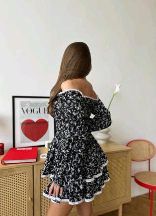 Сукня міні з об'ємним рукавом шикарне пишне плаття платье принт цветы квіти чорне плаття в квіточки6 фото
