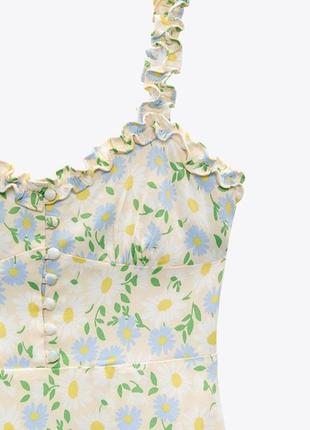 Брендовое трендовое нежное бежевое молочное атласное сатиновое платье мини в цветочный принт zara5 фото