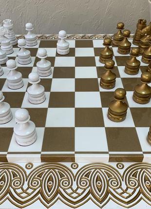 Шахові фігури "classic luxe" у біло-золотому кольорі з клена11 фото