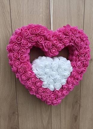 Подвійне рожево-біле серце з троянд - декор до дня святого валентина, весілля2 фото