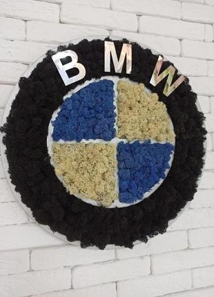 Логотип марки авто bmw из мха, значок bmw из мха