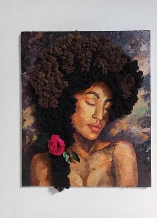 Картина - портрет женщины масляными красками и стабилизированным мхом