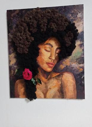 Картина - портрет женщины масляными красками и стабилизированным мхом6 фото