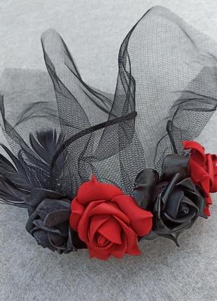 Обруч з чорними та червоними трояндами з вуаллю до хеловіну8 фото