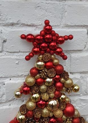 Новорічна різдвяна ялинка на стіну з червоних і золотих кульок7 фото
