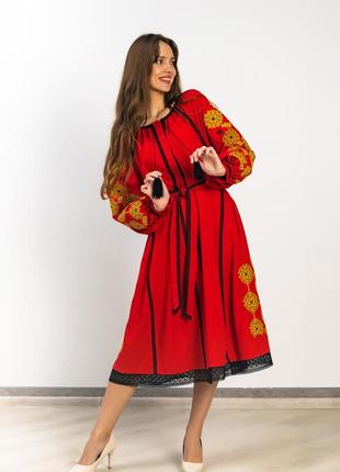 Вышитое женское платье "дедух" красное4 фото