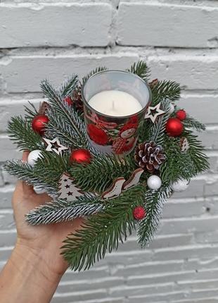 Новорічна різдвяна композиція зі свічкою, новорічний різдвяний підсвічник зі свічкою5 фото