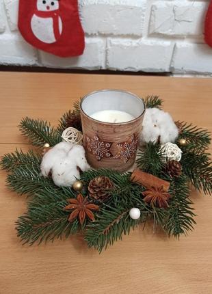 Новогодняя рождественская композиция со свечой, подсвечник новогодний со свечой на стол6 фото